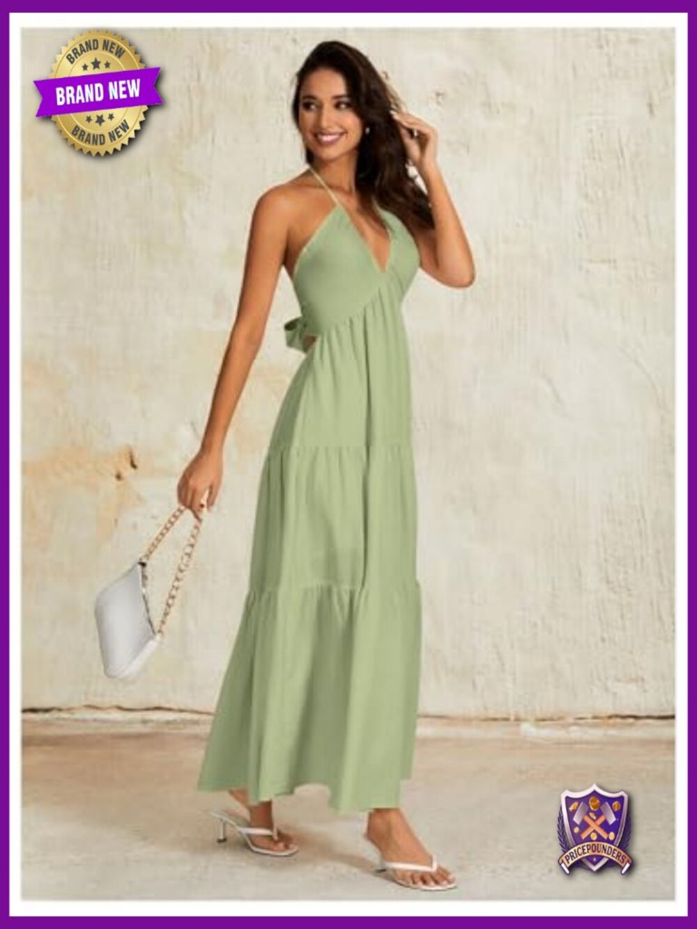 Backless Halter Maxi Dress Tiered Flowy Boho Beach Wed Guest - Picture 6 of 7